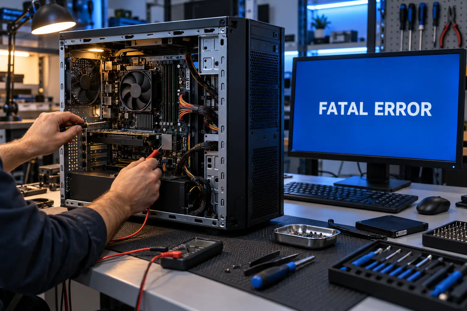 Business workstation undergoing diagnosis beside a fatal error screen