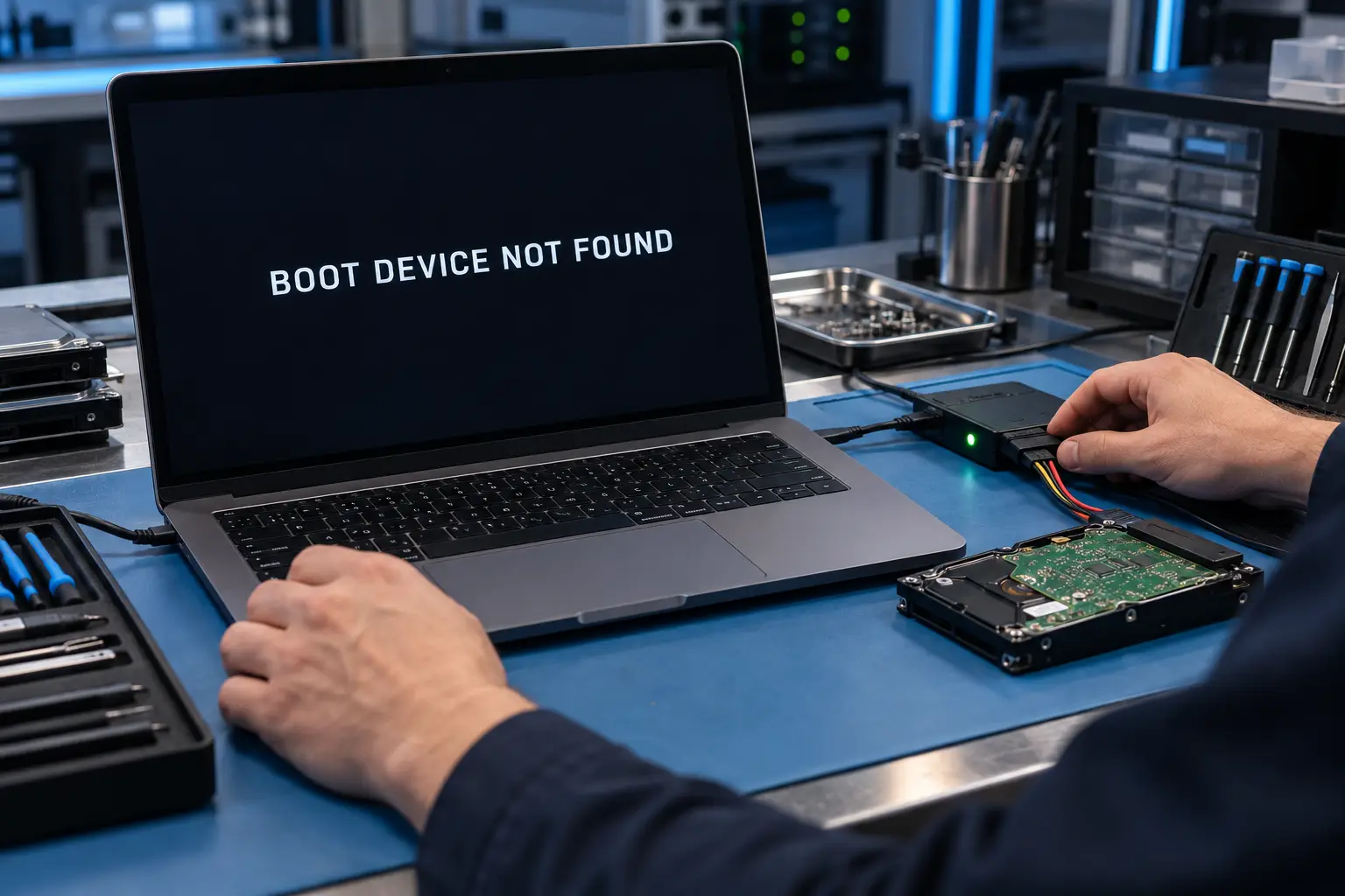 Laptop displaying Boot Device Not Found during a professional data recovery assessment