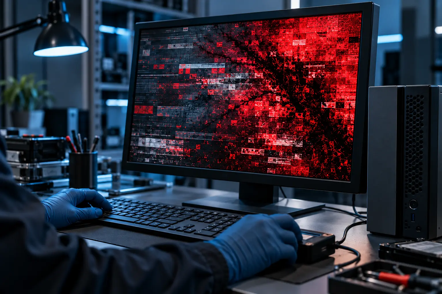 Red digital malware contamination spreading across a business computer screen