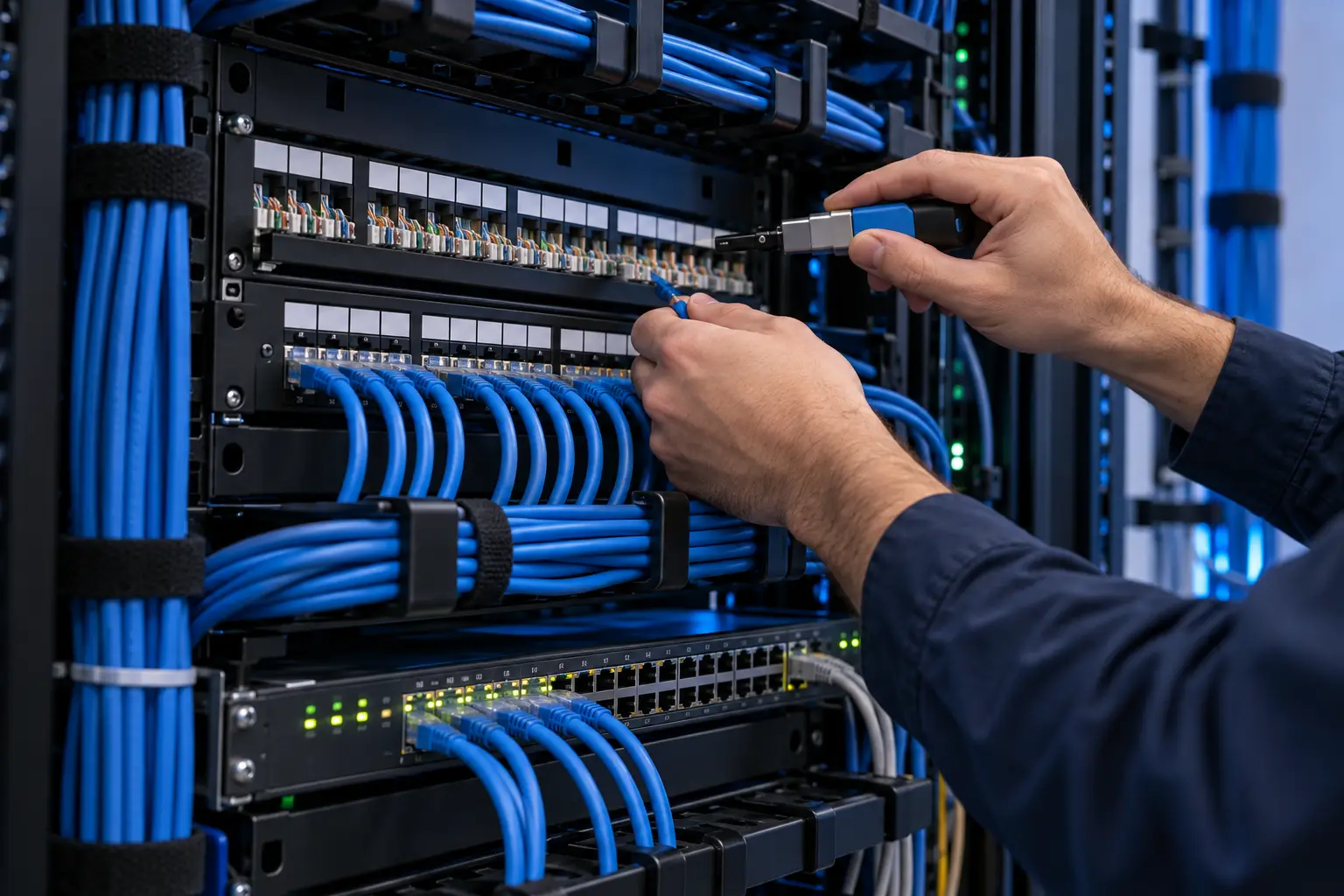 Technician connecting organized network cabling to a business patch panel